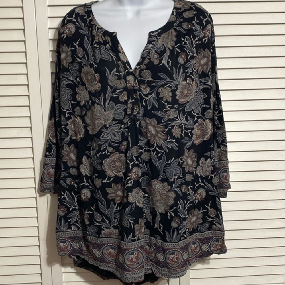 Lucky Brand Womens Boho Top 1X Black Floral 3/4 Sleeve Cottagecore Peasant
